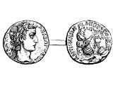 Tetradrachm, silver, (or Stater) of Antioch, AD 5. Left: &`;of Caesar Augustus&`;, bust of Augustus. Right: &`;of the metropolis of Antiocheans&`;, the female Genius of Antioch, her feet on the river god Orontes.
